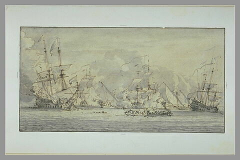 Combat naval entre quatre grands vaisseaux de guerre et trois galères, image 1/1