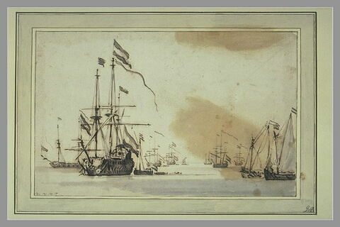 Escadre hollandaise à l'ancre, et petites barques à voiles, image 1/1