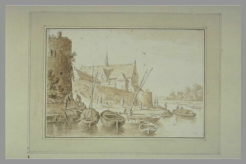 Eglise et remparts au bord d'une rivière, avec des barques amarrées