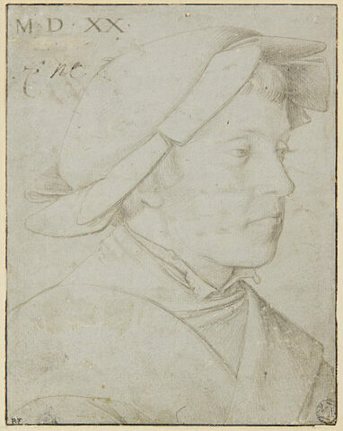Buste de jeune homme, la tête couverte d'un bonnet plat à bords rabattus