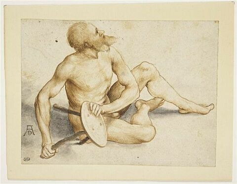 Un homme nu, assis tenant un petit tabouret à trois pieds