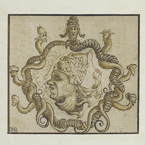 Motif d'ornement grotesque, avec tête de pape et tête de diable, image 1/1