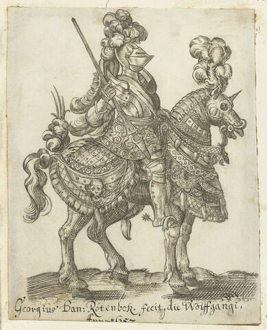 Chevalier en armure, visière baissée, sur un cheval richement caparaçonné