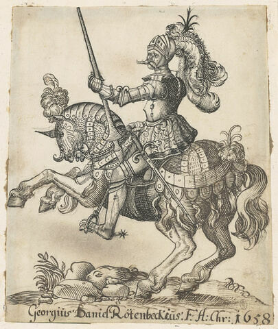 Chevalier en armure, visière levée, sur un cheval qui se cabre