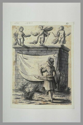 Sujet de frontispice avec un jeune homme regardant un mausolée, image 1/1