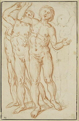 Groupe de trois hommes nus, levant les bras, de face, et un homme, de dos, image 1/1