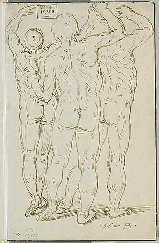 Trois hommes nus, de dos, levant les bras