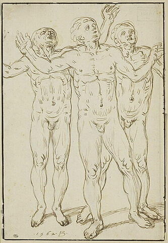Groupe de trois hommes nus, de face, regardant en l'air, les bras levés, image 1/1