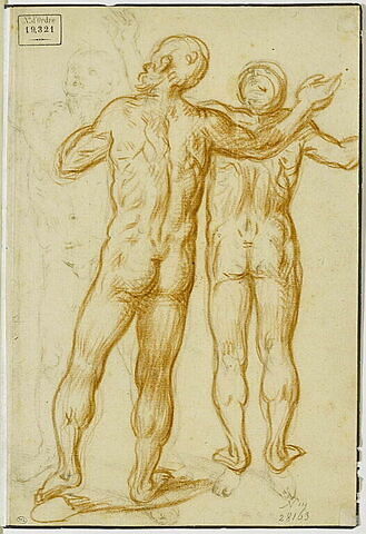 Deux hommes nus, vus de dos, levant les bras., image 1/1