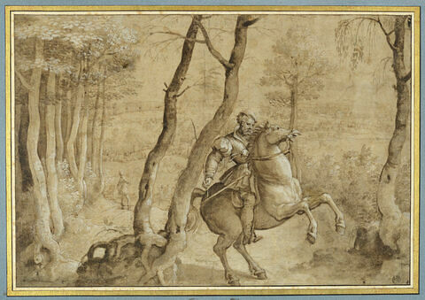 Cavalier sur un cheval qui se cabre, dans une région boisée, image 1/3
