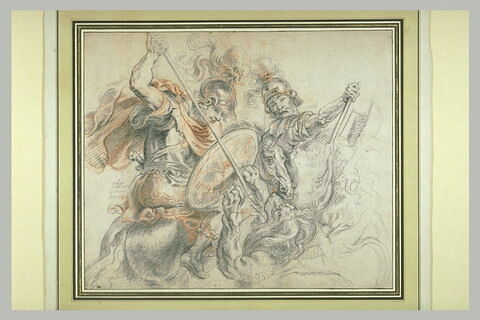 Deux guerriers armés à la romaine, combattant un lion
