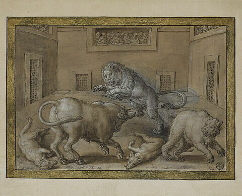 Combat d'un taureau contre un lion, un ours et deux loups, image 1/1