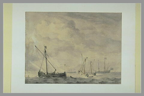 Trois barques de pêche à l'ancre, et vaisseau dans le lointain, image 1/1