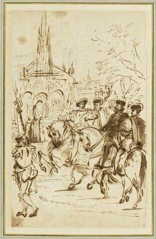 François Ier et Charles Quint arrivant à cheval devant l'abbaye de Saint-Denis (1540), image 1/2