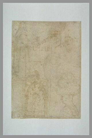 Muraille crénelée ; portraits de Gianfrancesco Gonzaga et de Niccolo III d'Este, en buste, de profil vers la gauche ; portrait de Faustine, en buste, de profil vers la droite, image 1/1