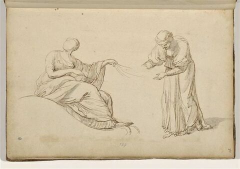 Deux études de figures : femme assise dans une nacelle, tenant des rênes...