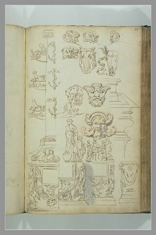 Etudes de motifs décoratifs : colonnes avec proues de galères, mascarons,..., image 2/2