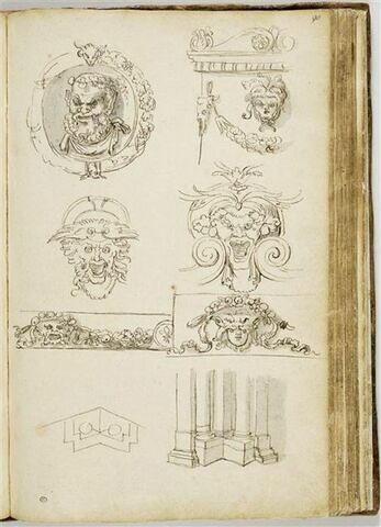Etudes de motifs décoratifs : mascarons, groupe de colonnes, image 1/3