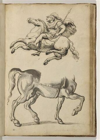 Cavalier en cuirasse de profil à gauche ; cheval de profil à droite