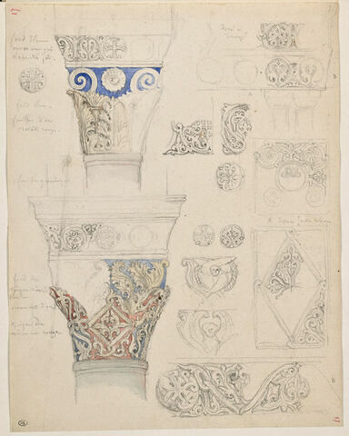 Hosios Loukas, étude de chapiteaux, de motifs décoratifs architecturaux, image 1/2