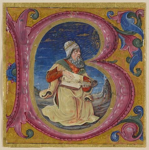 Le roi David, jouant d'une cithare organistrum, et auquel apparaît Dieu, image 1/2