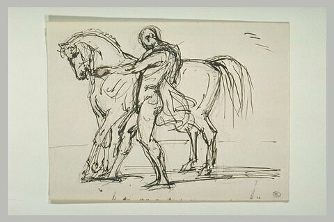 Homme nu, de profil à gauche, maintenant un cheval tourné vers la gauche, image 1/1