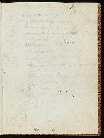 Notes manuscrites et croquis d'homme nu, assis, tenant une lyre, image 1/1