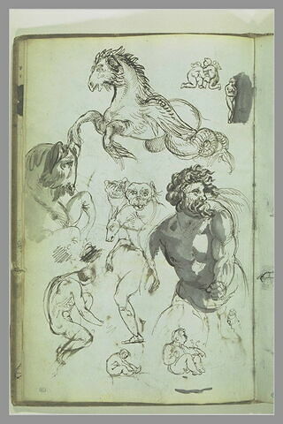 Cheval marin, animaux, amours, putti, homme nu