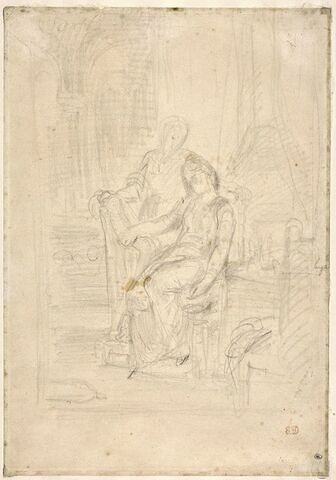 Deux femmes dans une chambre près d'un lit et d'une harpe, image 1/2