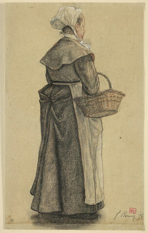Une paysanne portant une coiffe, un tablier blanc et un panier