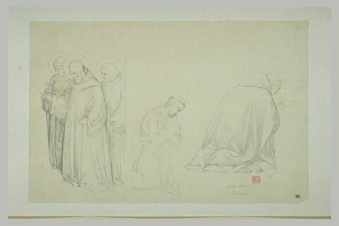Trois moines début ; moine agenouillé ;  moine de dos agenouillé