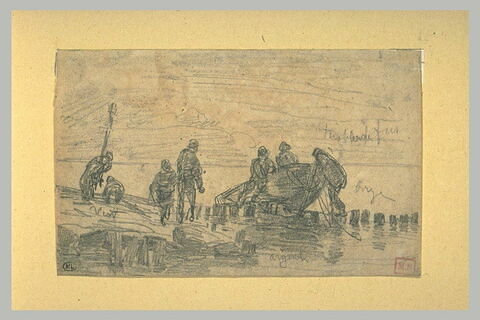 Hommes mettant à flot une barque, image 1/1