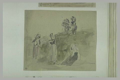 Deux femmes sur une meule de paille et trois autres, en bas, image 1/1