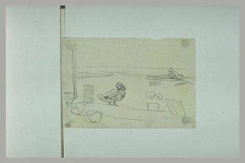 Mouette sur un quai et, au loin, un homme dans une barque, image 1/1