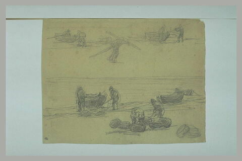 Marin sur une plage portant des rames ; pêcheurs déchargeant des barques