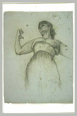 Femme en corset et jupe, vue par en-dessous