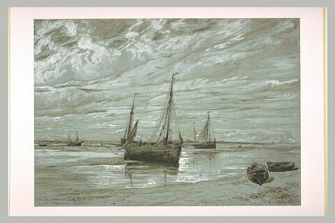 Bateaux de pêche échoués à marée basse, dans la baie de Somme, image 1/1