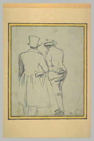 Deux hommes debout, dont un coiffé d'un chapeau haut-de-forme, conversant, image 1/1