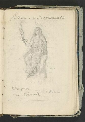 Femme assise tenant une palme ; notes manuscrites, image 1/2