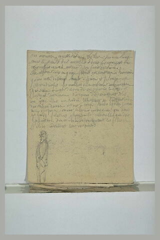 Figure debout, drapée, et notes manuscrites