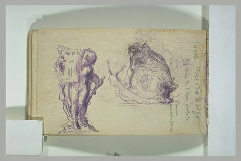 Un homme assis sur un escargot géant et un chérubin portant un vase, image 1/1