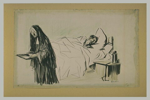 Religieuse s'éloignant du lit d'un homme malade, image 1/1