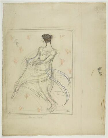 Portrait-charge de Cléo de Mérode, dansant, tournée vers la gauche, image 1/2