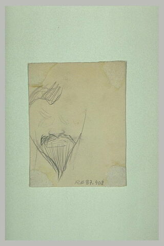 Croquis caricatural d'une tête d'homme, avec moustache et barbiche
