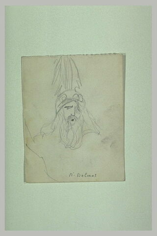 Tête de guerrier barbu, longs cheveux, avec casque surmonté d'une aigrette, image 1/1