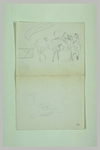 Cheval tenu par son cavalier, et léger croquis de cheval, image 1/1