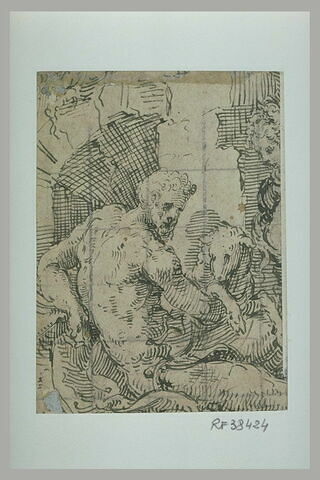 Homme nu, assis, se retournant vers la droite, tenant un mouton et femme debout, image 1/1