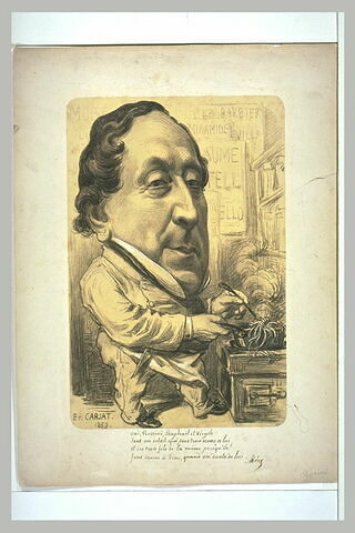 Portrait-charge de Rossini, avec une tête énorme sur un petit corps