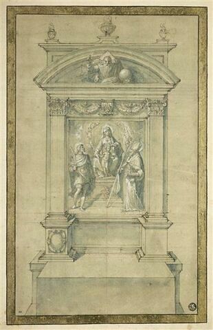 Projet d'autel avec au centre la Vierge et l'Enfant adorés par un saint martyr et saint Pétrone