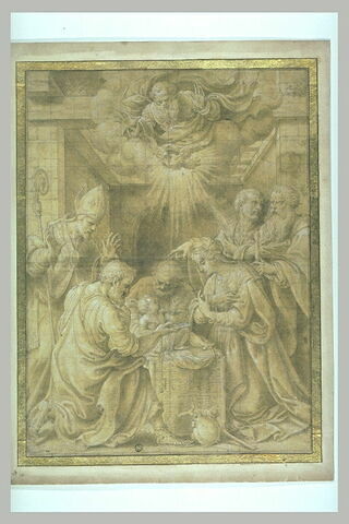 Jésus adoré par Joseph, la Vierge, saint Pierre, saint Paul et un évêque, image 1/1